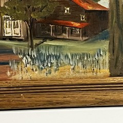 Vtg AMERICANA Homestead Landscape Oil PAINTING 18” X 14.5” FRAMED ART MCM Signed