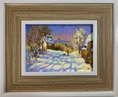 original oil painting,snow art,winter village Landscape.Scene with children