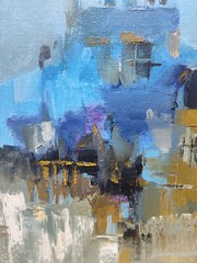 Original oil painting 12″x12″ Abstraction Contemporary art Blue Brown Roofs City