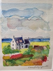 Vintage Scandinavian Watercolor Painting by Erna Østhyngen, 1985 – Colorful Land
