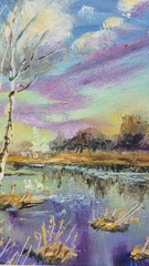 Spring forest, river, original oil painting in a frame. Landscape. 4×4 inches.
