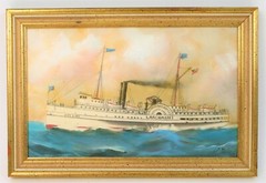 ELLERY THOMPSON MASTERPIECE PAINTING STEAMSHIP SS LARCHMONT SHIP MYSTIC CT JOY