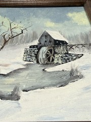 Vintage 1970s Signed Original Winter Landscape Oil Painting Framed Grist Mill
