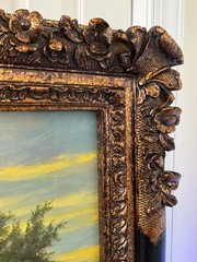 50×40″ Ornate Baroque Giltwood & Black Enamel Frame w/Oil on Canvas Painting