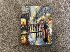 ORIGINAL OIL PAINTING RAINY NIGHT CITYSCAPE LANDSCAPE STRETCH CANVAS SIGNED 8×10