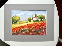Landscape poppy field Provence farm red flowers Original Watercolor Painting