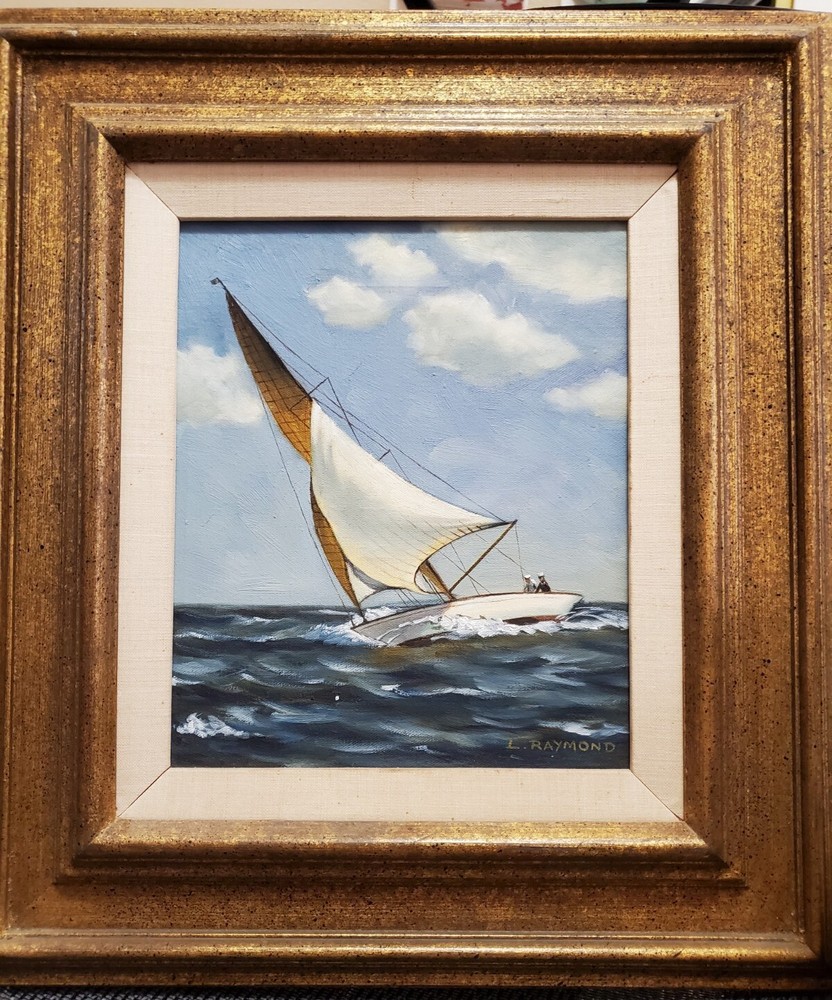 Vintage L. Raymond Sailboat Framed Painting Oil On Canvas San Francisco Bohemian