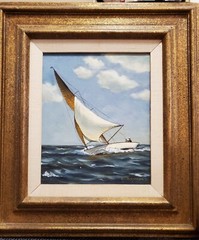 Vintage L. Raymond Sailboat Framed Painting Oil On Canvas San Francisco Bohemian