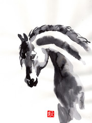Original sumi e painting, HORSE, 2026 -Horse Year, oriental, signed, 7″x10″
