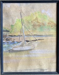 RARE Vintage Original Watercolor Painting Artist Signed Boat In Harbor Bay Lake