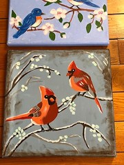 Lot of Original Blue Bird in Cherry Blossom Tree Branch & Red Cardinals in Pussy