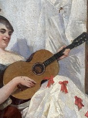 Giovacchino Gamberini 19thC Antique Genre Female Musician Cat Portrait Painting