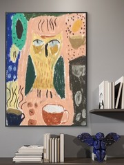 Abstract Vibrant Colorful Expressionism Coffee Owl Doodle Art 11×14 on Paper