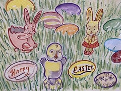 Painting Watercolor Original Art HAPPY EASTER Toy Rabbit Egg Kristi C Jones