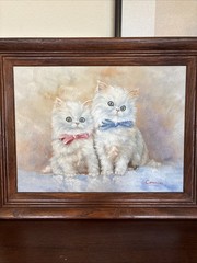 Two Persian White Kittens, Oil on Canvas, Artist Connie McVey, Wood Frame, Cat
