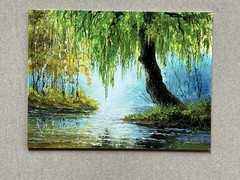 Original Oil Painting Weeping Willow Landscape, Peacefulness River Nature Art