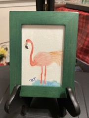 Watercolor painting Of a Flamingo in a Green Wooden frame 5x 6.5 Inches