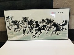 ORIGINAL ASIAN ART CHINESE FAMOUS ANIMAL WATERCOLOR PAINTING-Eight Horses Racing