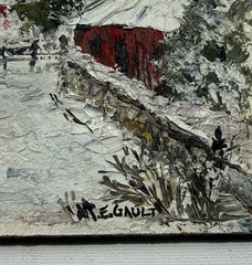 VTG Mini Impasto Oil Painting Snow Covered Farm Red Barn Signed ME GAULT 5.5”X4”
