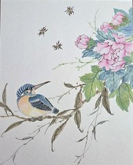 Oriental Watercolor Painting – Kingfisher & Peony Floral Art, 8″x10″