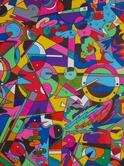 abstract pop art acrylic painting of Austin, Texas. Bats at night.