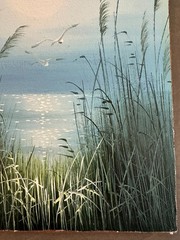Vtg Signed Original Art Coastal Seascape Painting Ocean Beach Sunset Birds 8×10″