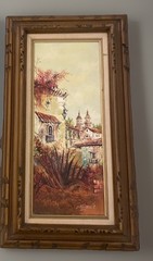 Vintage Spanish Town Mission Oil Painting 27” X 15” Set 2 (Jose) J. Morales