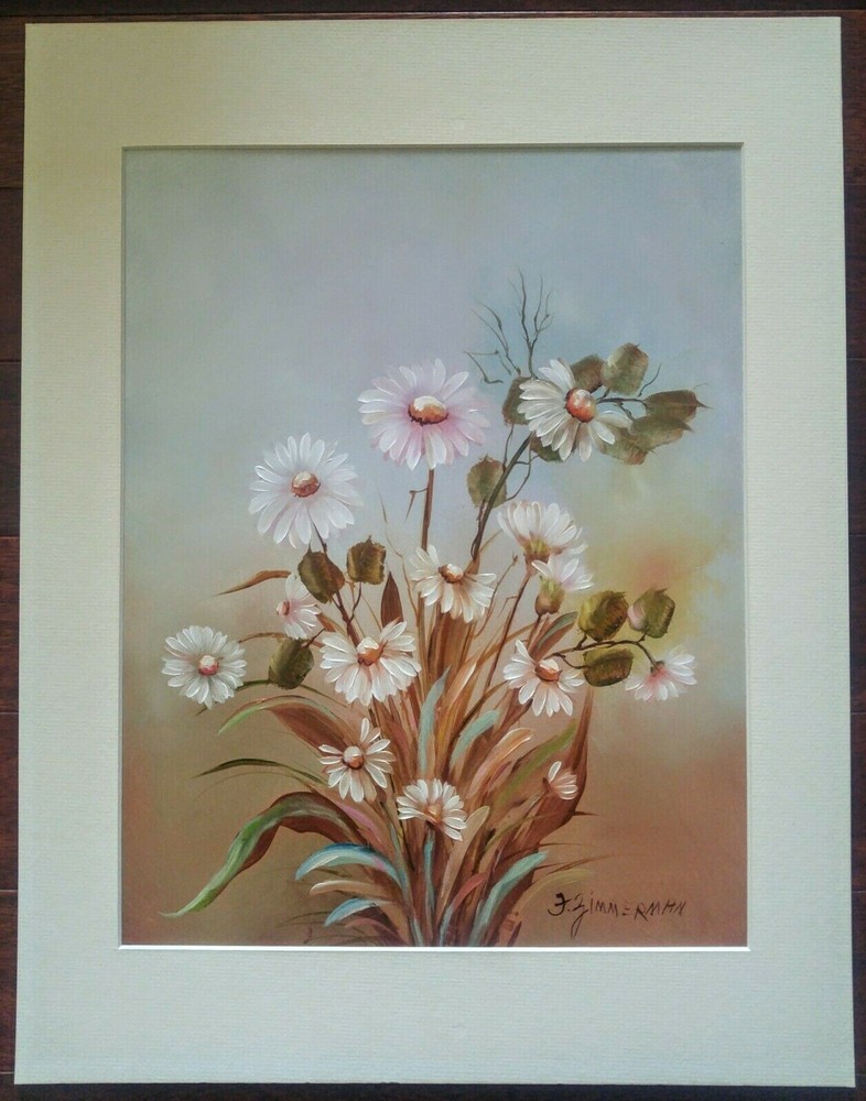 Floral Oil Painting Daisy Flowers Matted and Signed F. Zimmerman