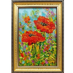 Original Oil Painting Summer Landscape Wildflowers Red Poppies Signed 4×6