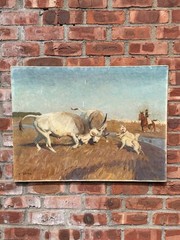 Hungarian Artist Bela Juszko Oil Painting. Hungarian Grey Cattle. Signed. C1950