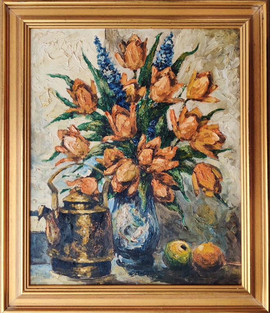 STILL LIFE WITH FLOWERS, KETTLE AND FRUIT, original oil painting