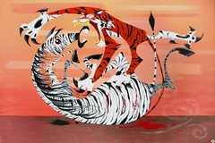 TIGER & ZEBRA * by CARLOS RAMOS * 6×4 feet cel vinyl on wood PANTHERA TIGRIS