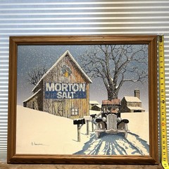 H. Hargrove Signed Framed Oil Painting Morton Salt Barn Winter Scene 23”x27”