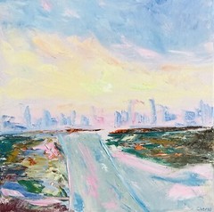 Skyline Miami Beach Painting Original Impasto Canvas Artwork Impasto 14 by 14in