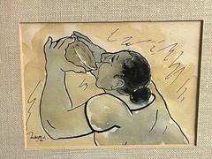 2pc Folk Art Watercolor Paintings – Man Blowing Shell & Woman with Watermelon
