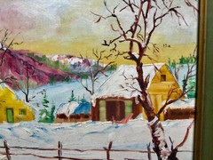 Vintage 1965 Primitive Grandma Moses Style winter oil painting by L Doucette