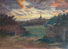 Antique Vintage French Watercolor Landscape Perros Guirec Brittany Church Signed