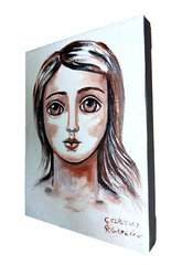 Original Folk Art. GIRL IN BROWN. 6″x8″ Stretched Canvas. Acrylics & Gesso