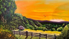 Large Original Canvas Red Barn Farmhouse Wall Art Rustic Country Landscape Sunse
