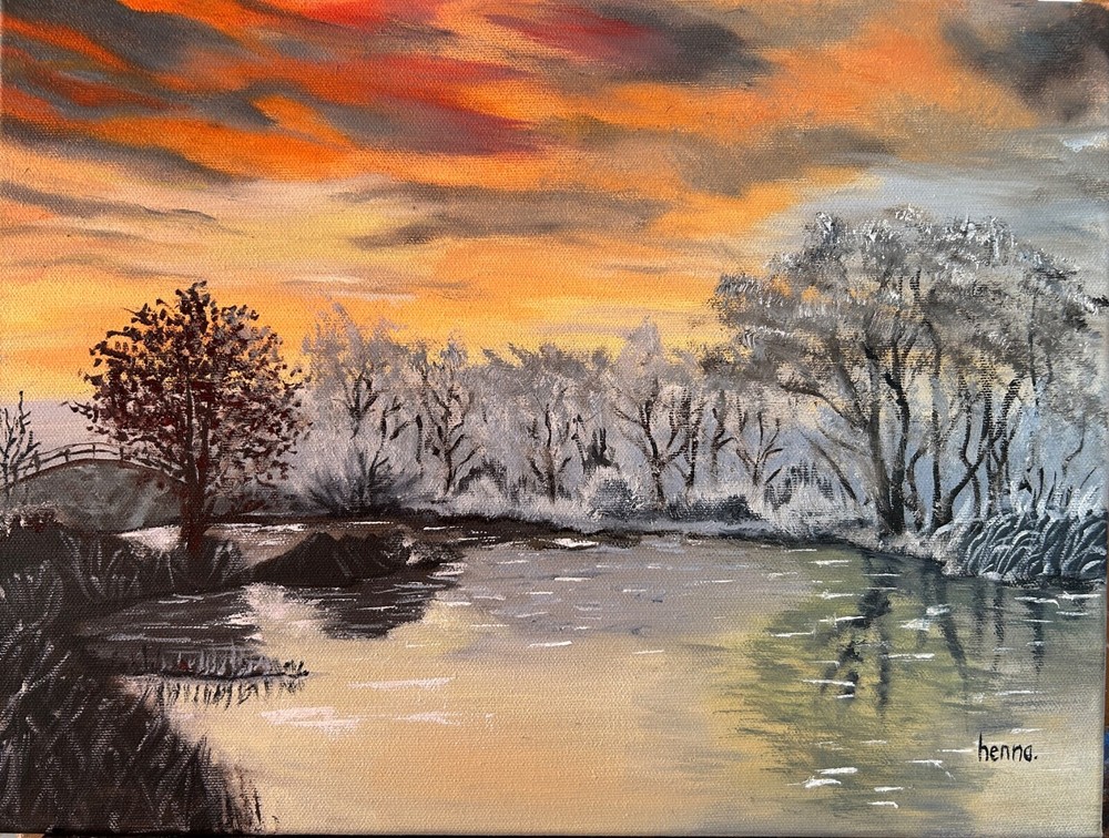 Wintery scenery with sunset and snow original oil painting on canvas 16″x12″