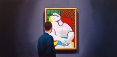 Le Rêve- 24×12″ painting of man enjoying painting by Picasso in museum G Boersma