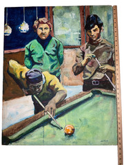 VINTAGE 70s portrait original painting hand painted men playing pool player