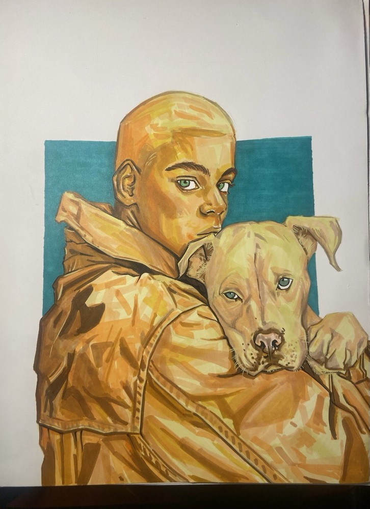 “Man’s Best Friend” Portrait, Alcohol Markers on Paper, Unframed Artwork 9”x12”