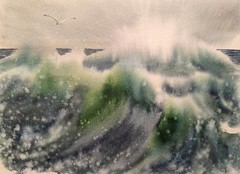 Original Artwork Modern Painting Landscape SEA BIRDS WAVES SKY Seascape Gift A4