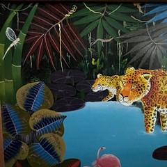 Myrthil Folk Art Painting Tropical Jungle Leopard Folk Surrealist Scene Framed