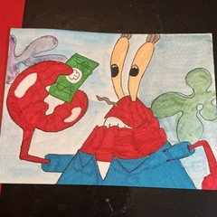 Krusty Krabs Watercolor Original Mixed Media 4 by 6 Inches Signed and Dated 2026