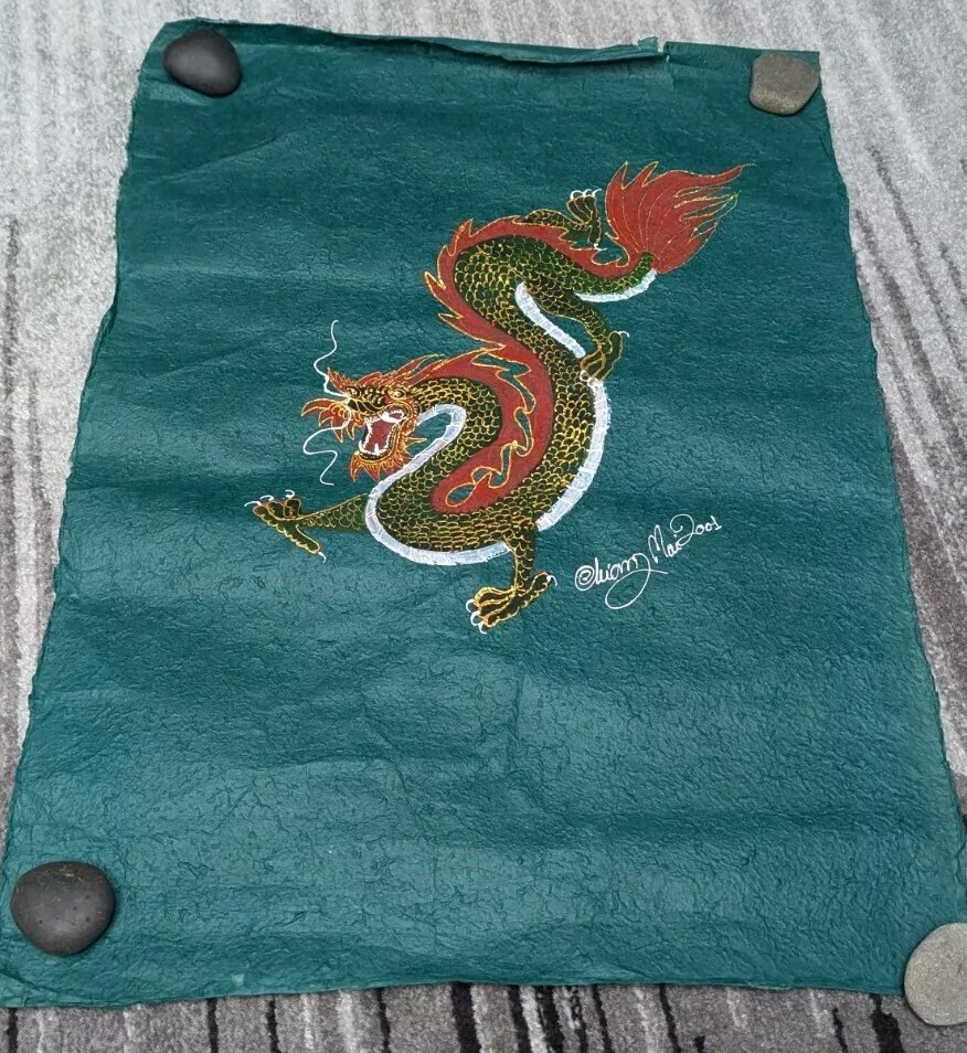 Asian Dragon Art Painting Poster On Green Paper Material 30 1/2 X 21 3/4