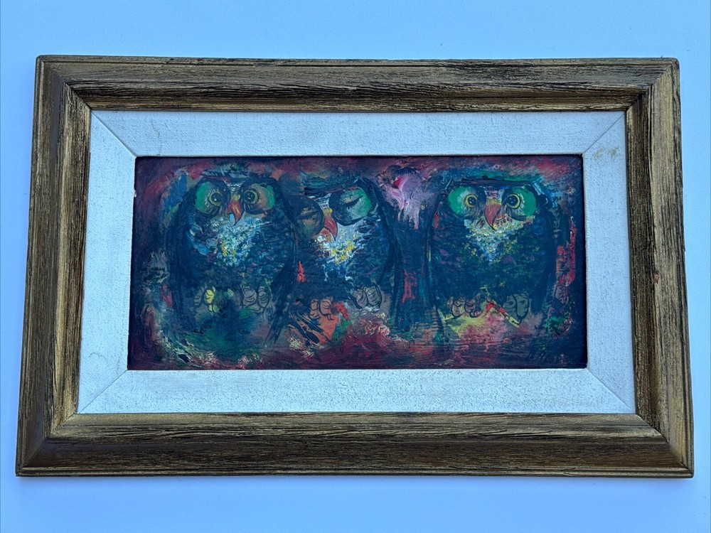 VINTAGE OWL PAINTING MYSTERY ARTIST EXPRESSIONISM MID CENTURY MODERN SIGNED