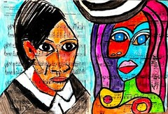 Colorful LADY PAINTING original SWARTZMILLER DNA SIGNED ART Upcycled CB 18×24