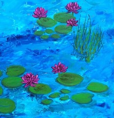 Original oil painting with Pink water lily, Landscape water painting